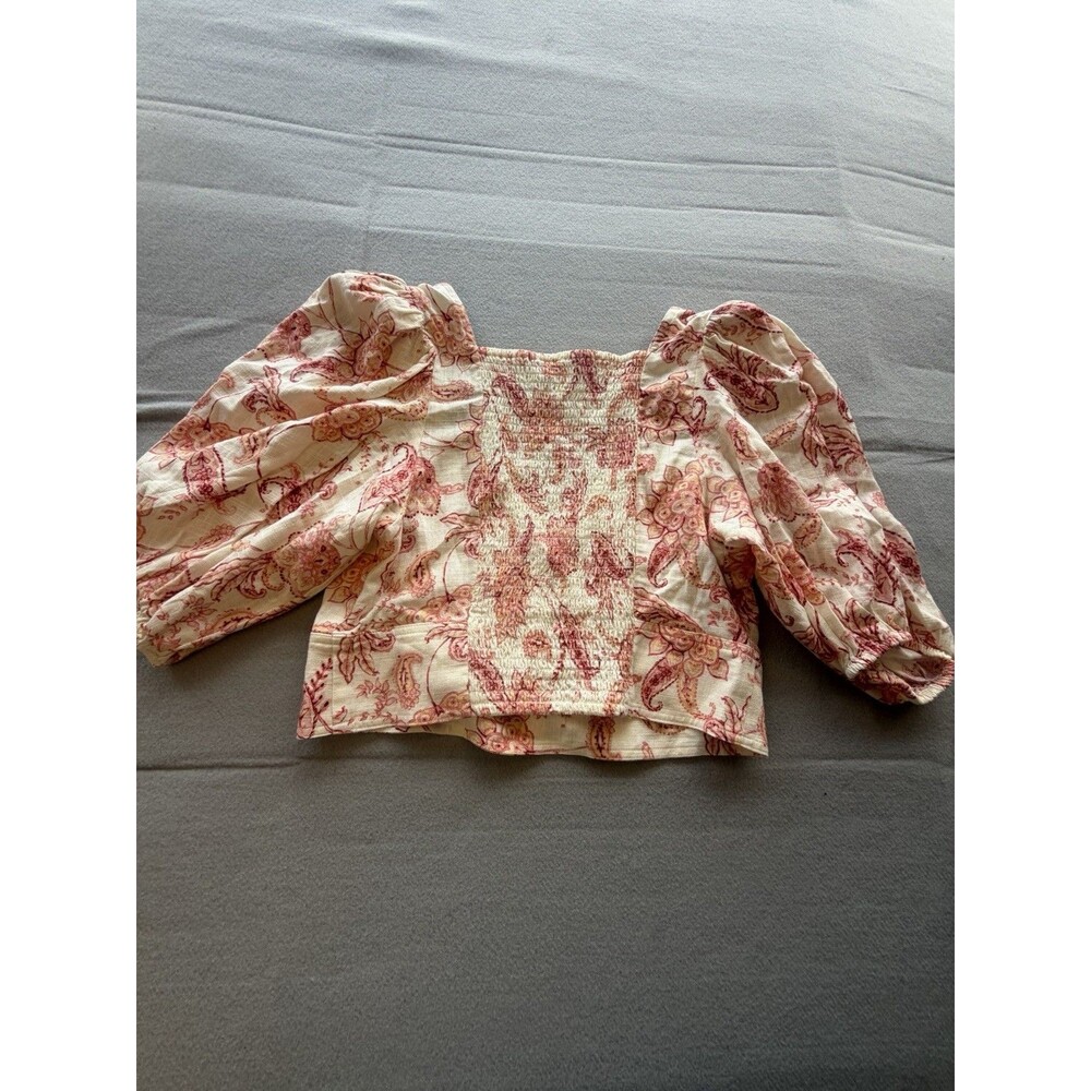 Express Ivory Pink Floral Smocked Square Neck Puff Sleeve Crop Blouse Women's L - Picture 7 of 7